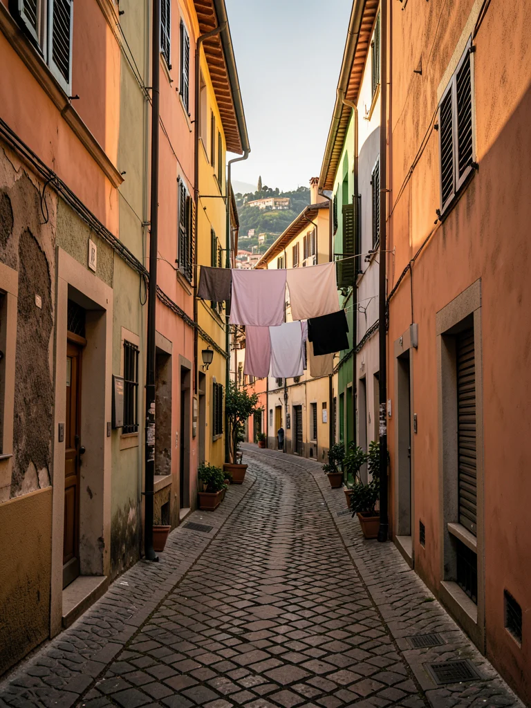 Narrow cobblestone alley in an Italian hill town, laundry strung between pastel 