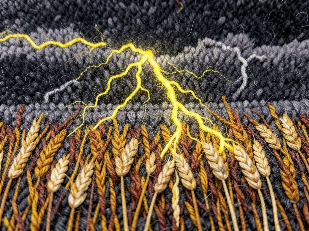 A thunderstorm over a wheat field, lightning as bright yellow yarn against dark 