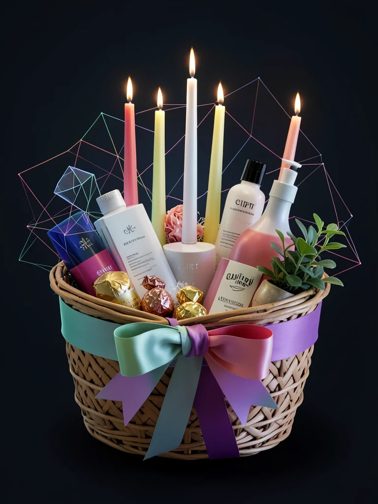Gift basket with candles, chocolates, lotion, and small plant, ribbon wrap