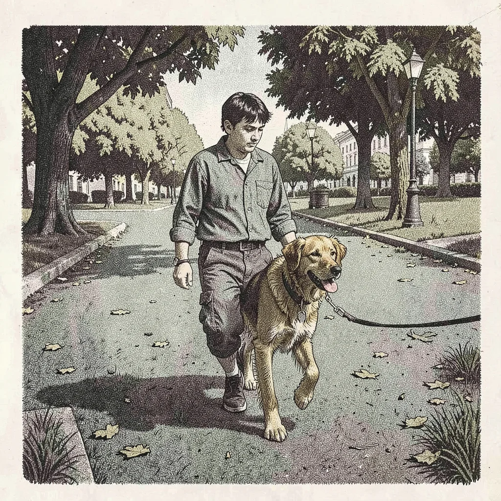 Risograph-style illustration, dog walking in park , spot color layer simulation,