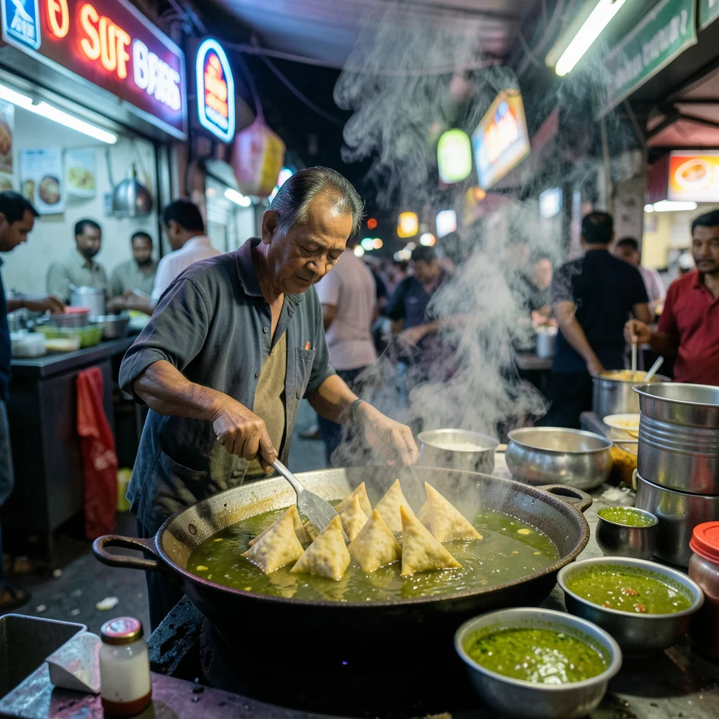 A samosa vendor in Delhi, frying triangular pastries in a massive kadhai of oil,