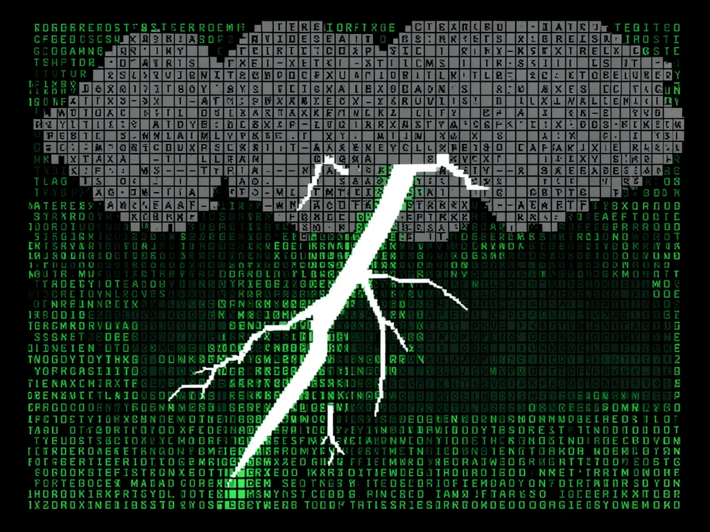 A thunderstorm with lightning bolt as a jagged white slash through dense grey ch