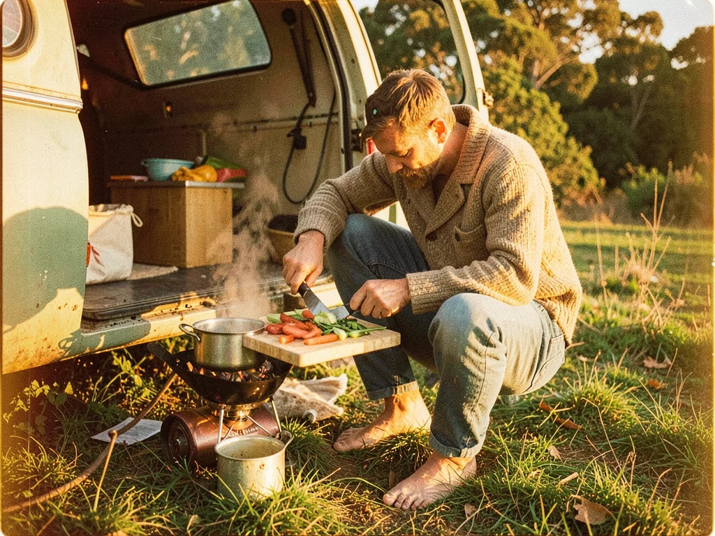 Van life cooking barefoot