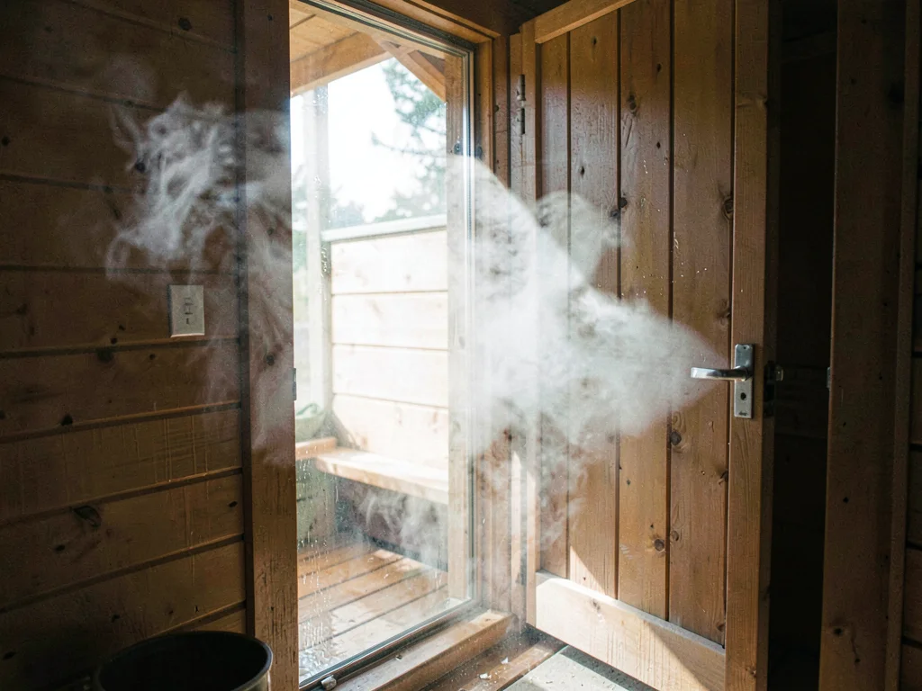 Sauna door opening, steam escaping, the cloud of moisture released