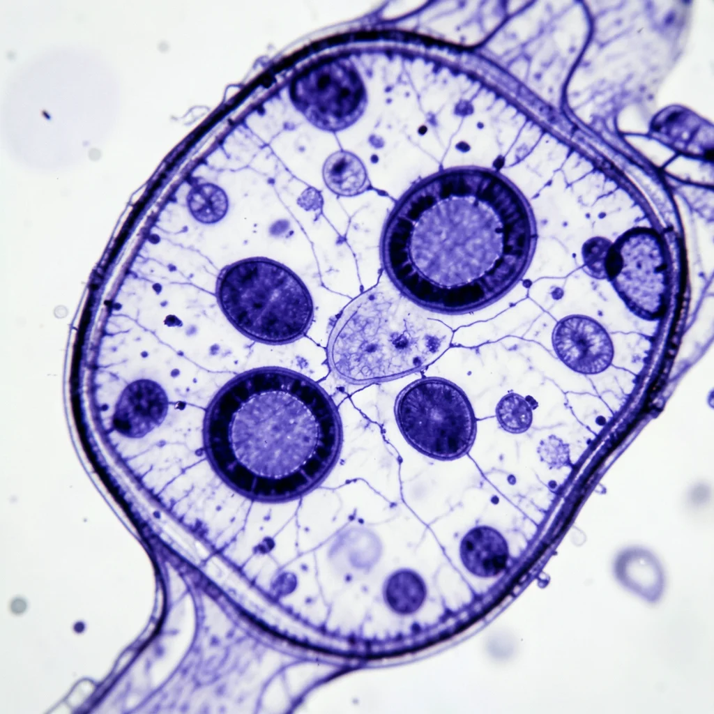 Cross-section of a plant stem stained with toluidine blue, vascular bundles as d