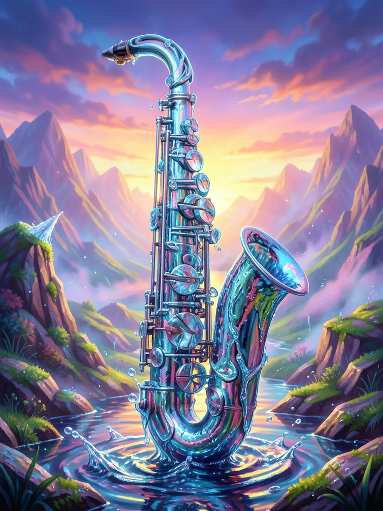 Saxophone made of flowing water, each key a water droplet, frozen motion