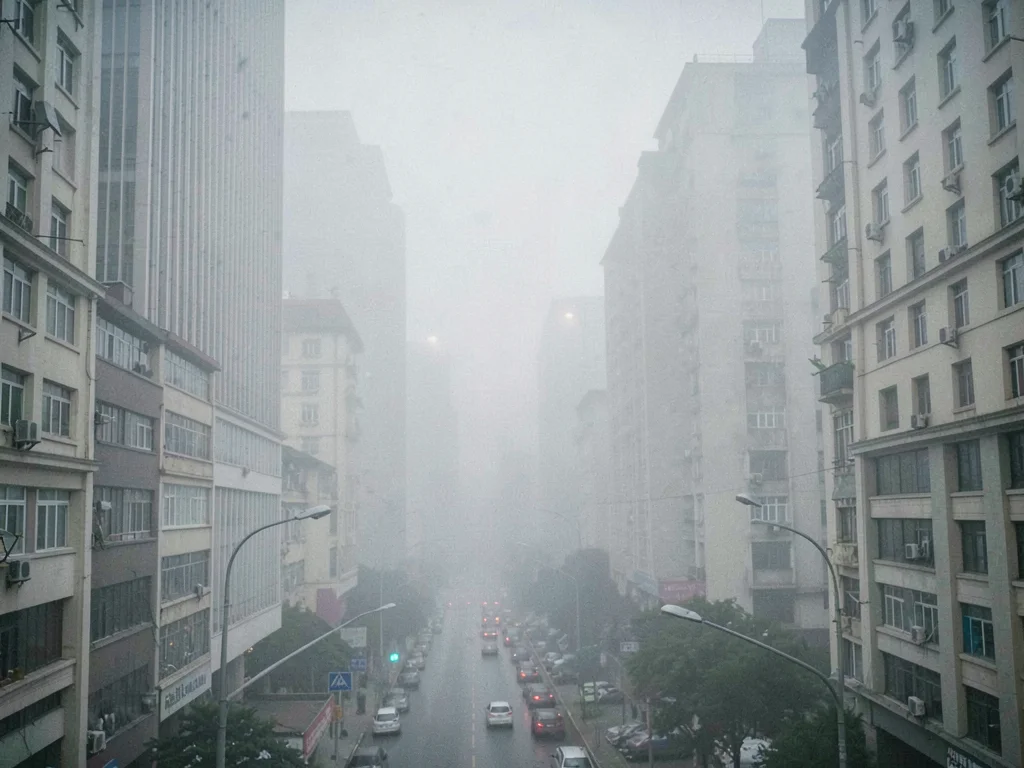 Urban canyon in smog filling