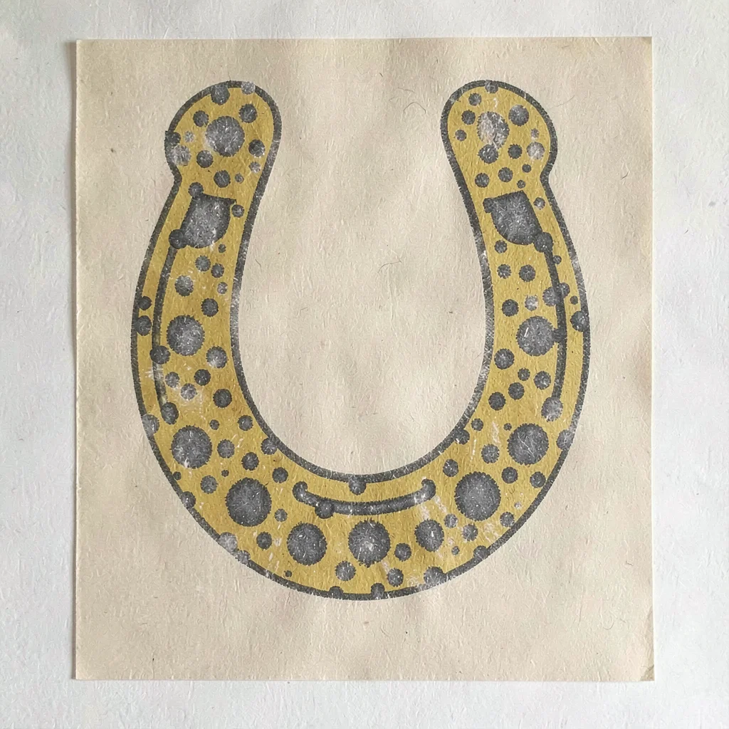 Riso poster of a stylized horseshoe in mustard and slate spot inks over warm pap