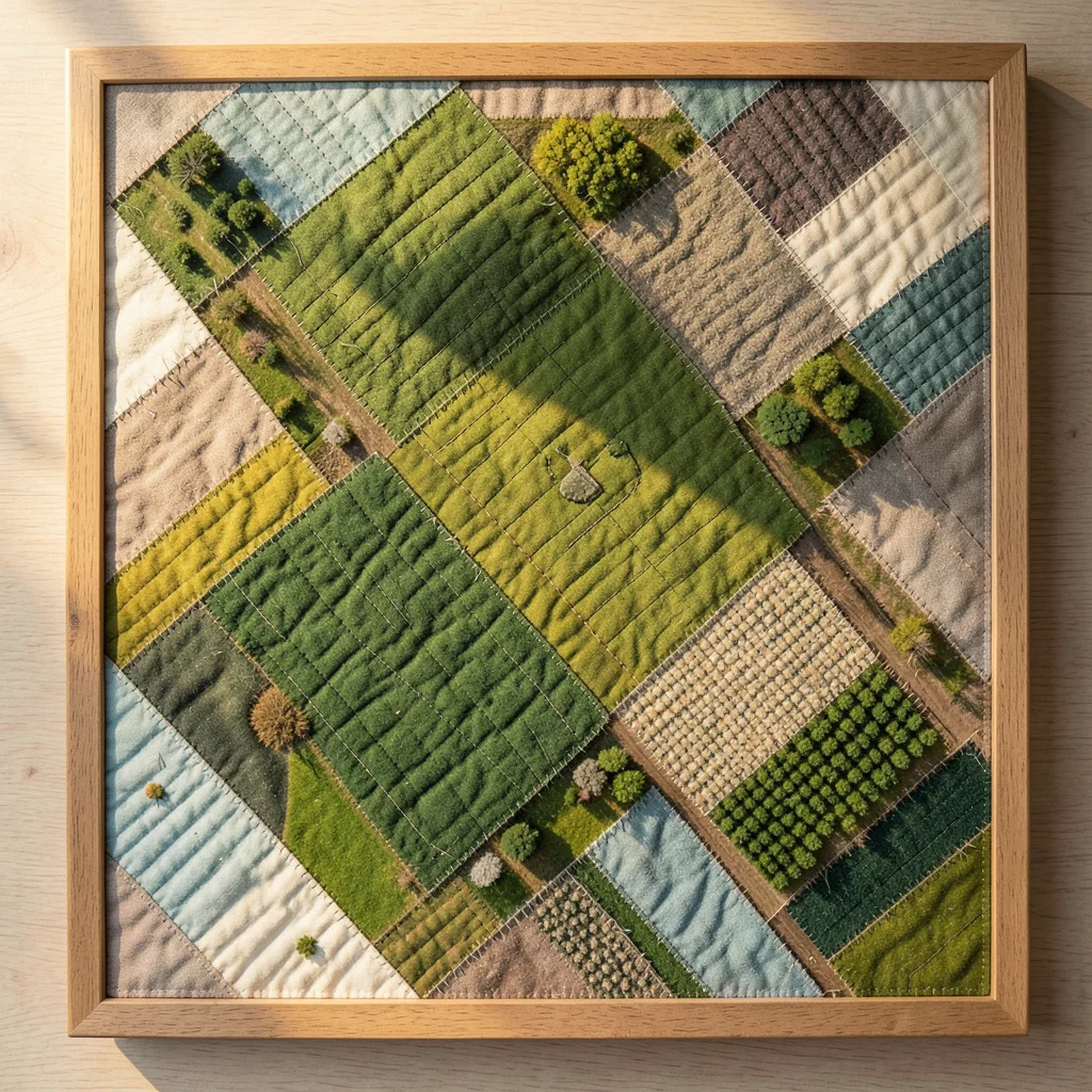 Quilted textile interpretation of spring farmland from above, green fabric patch