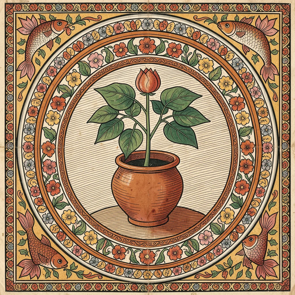 Sacred tulsi plant in clay pot, surrounded by concentric floral rings