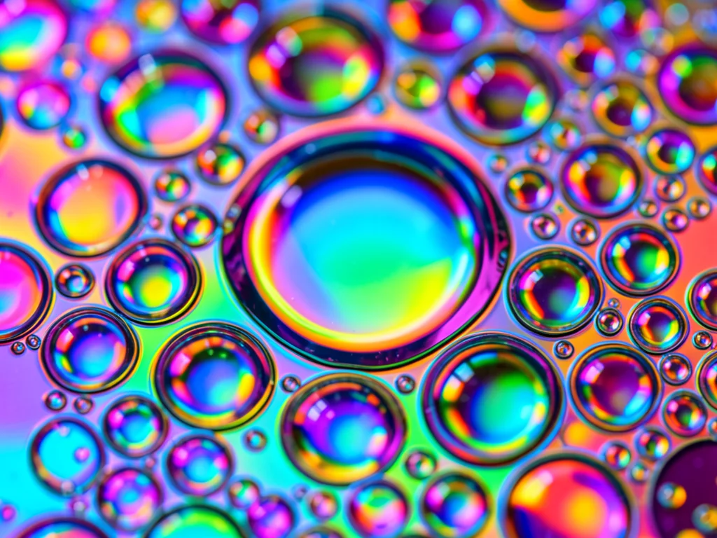 Oil dropped onto water with rainbow gradient beneath, each bubble size refractin