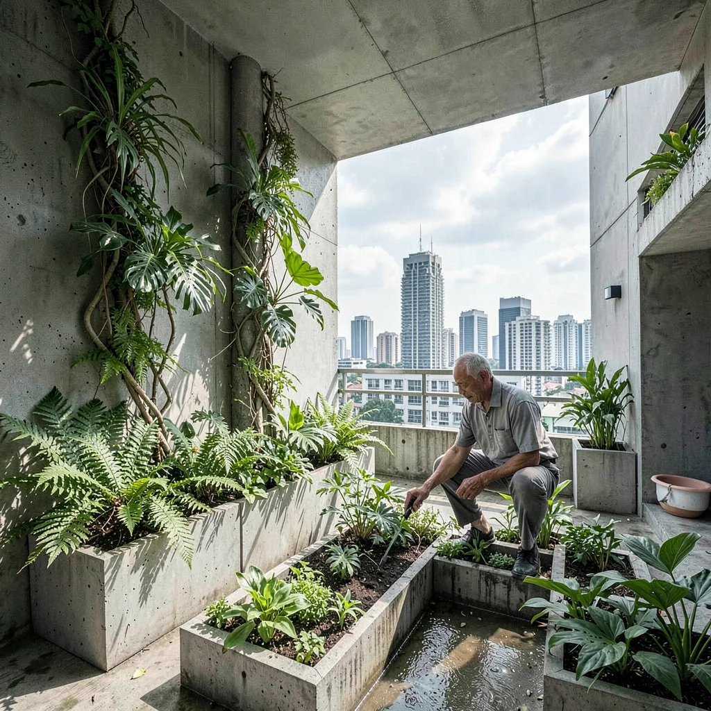 Singapore tropical modernism, green claiming grey, Elderly man tending community