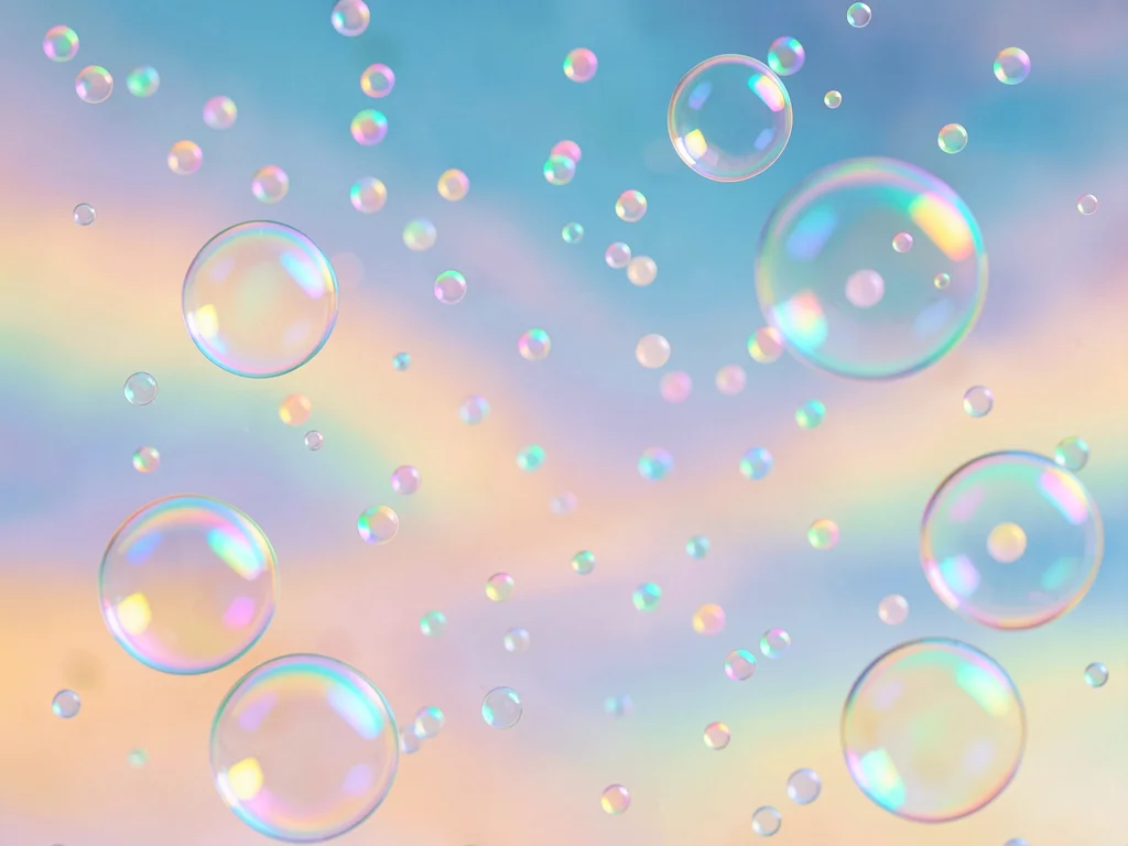 Quiet abstract bokeh of holographic confetti drifting through a soft tropical-sk
