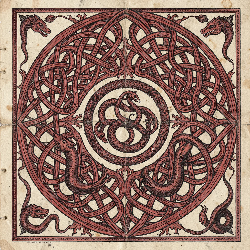 Spiral triskele ornament — three-armed rotation of knotwork on vellum ground