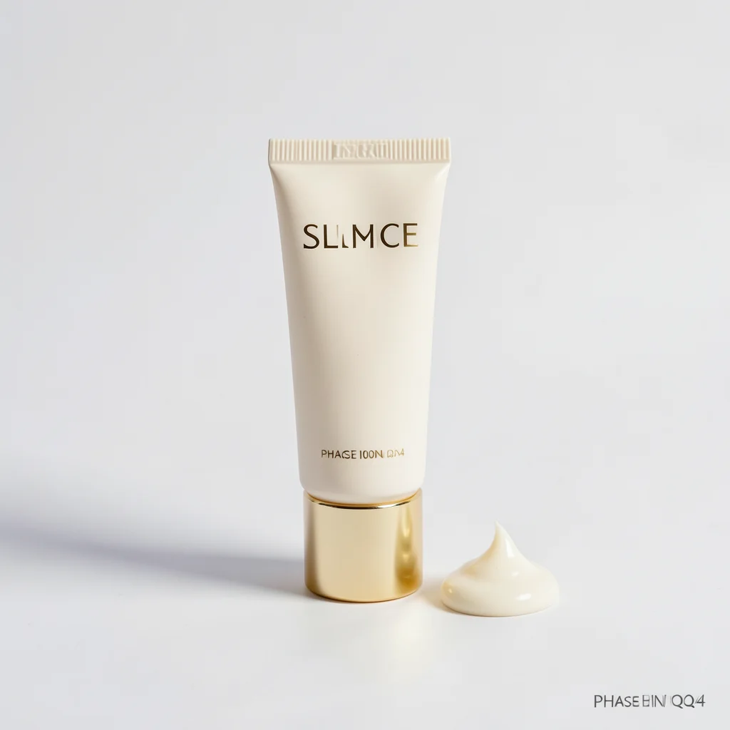 A single tube of hand cream in minimal packaging, cream color with gold cap, a s