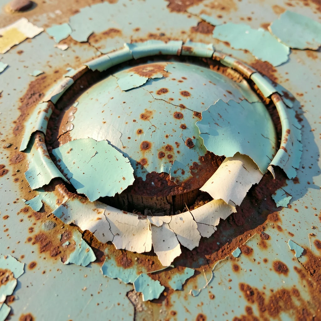 Paint blister on metal surface, dome of lifted paint with visible rust underneat