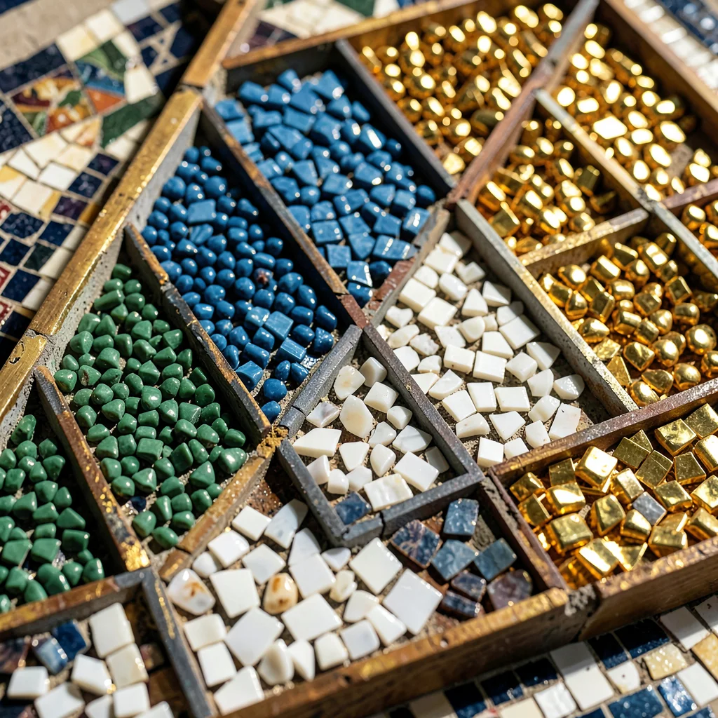 A tray of sorted mosaic tesserae — greens, blues, whites, and golds in separate 