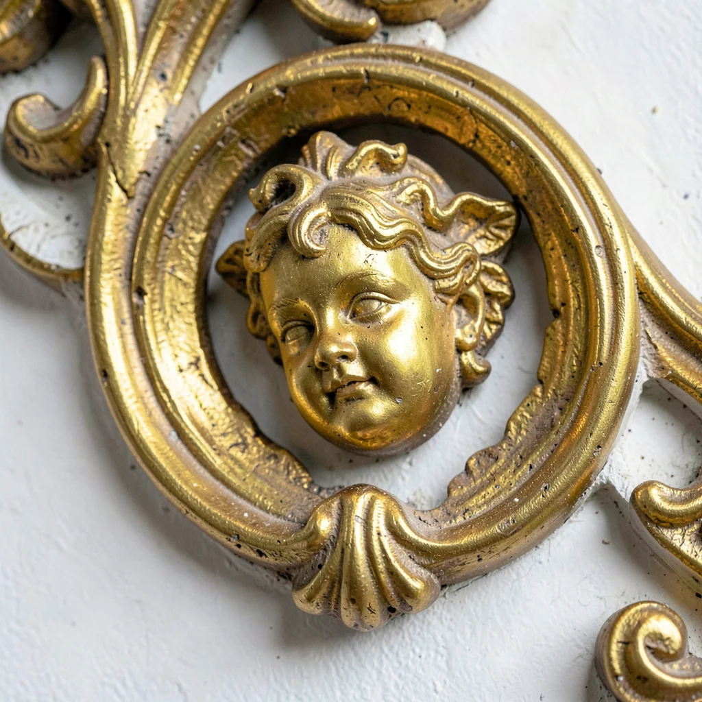 Baroque ornament fragment, Moravian gilt detail, Gilded cherub face emerging fro