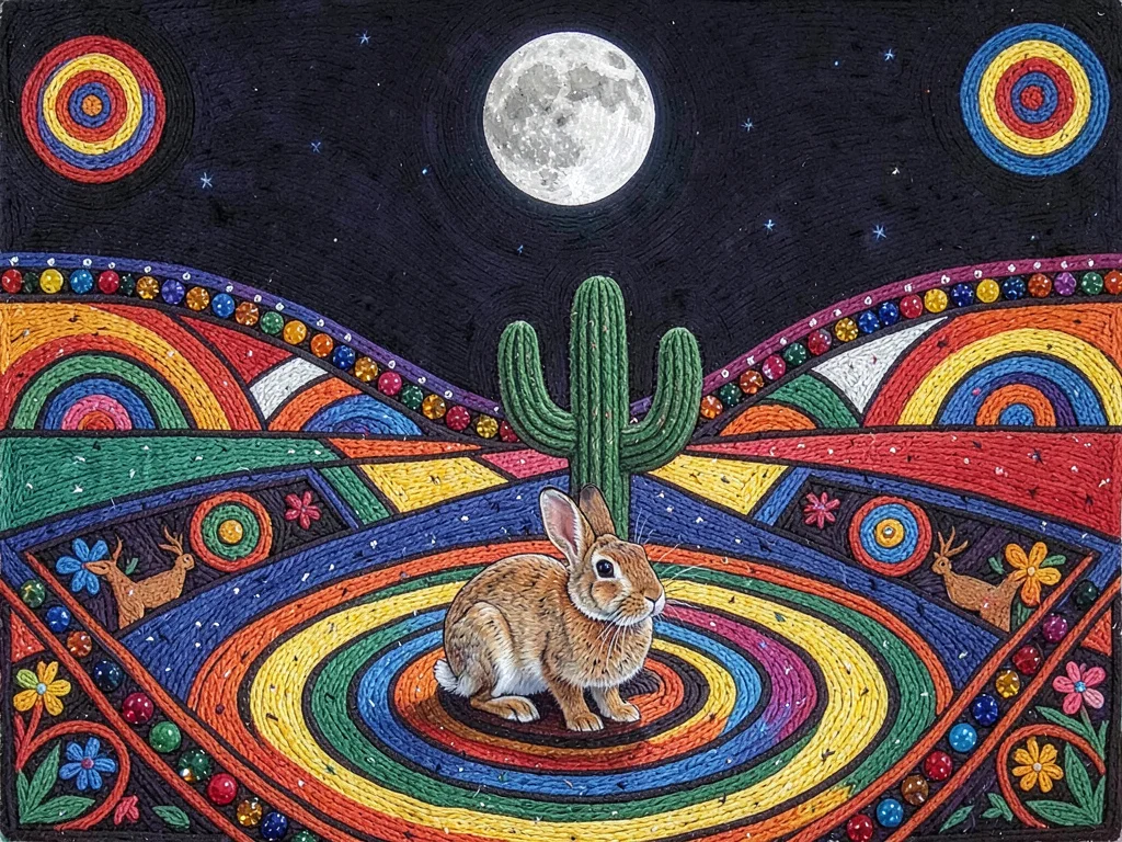 Rabbit beneath a cactus — moon above, desert floor as geometric color field