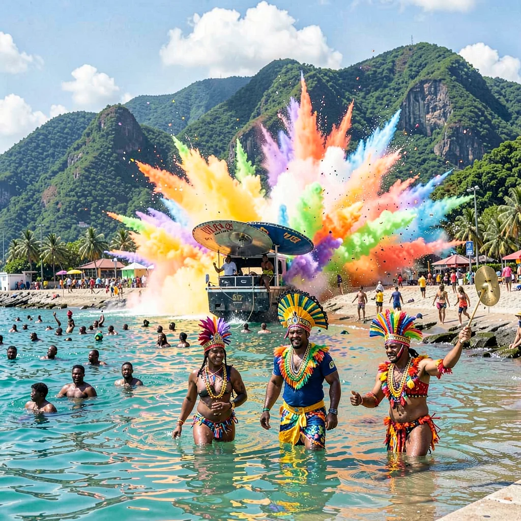 Carnival saturation explosion in Port of Spain, Trinidad, Sea bathers at Maracas