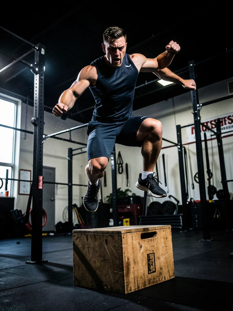Person doing box jumps in a CrossFit gym, mid-air, intense focus, dramatic light