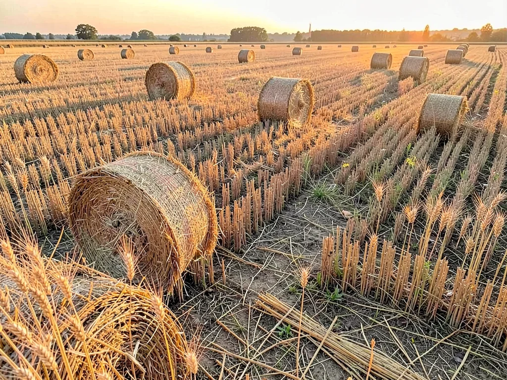 Harvested field with straw bales dotting surface