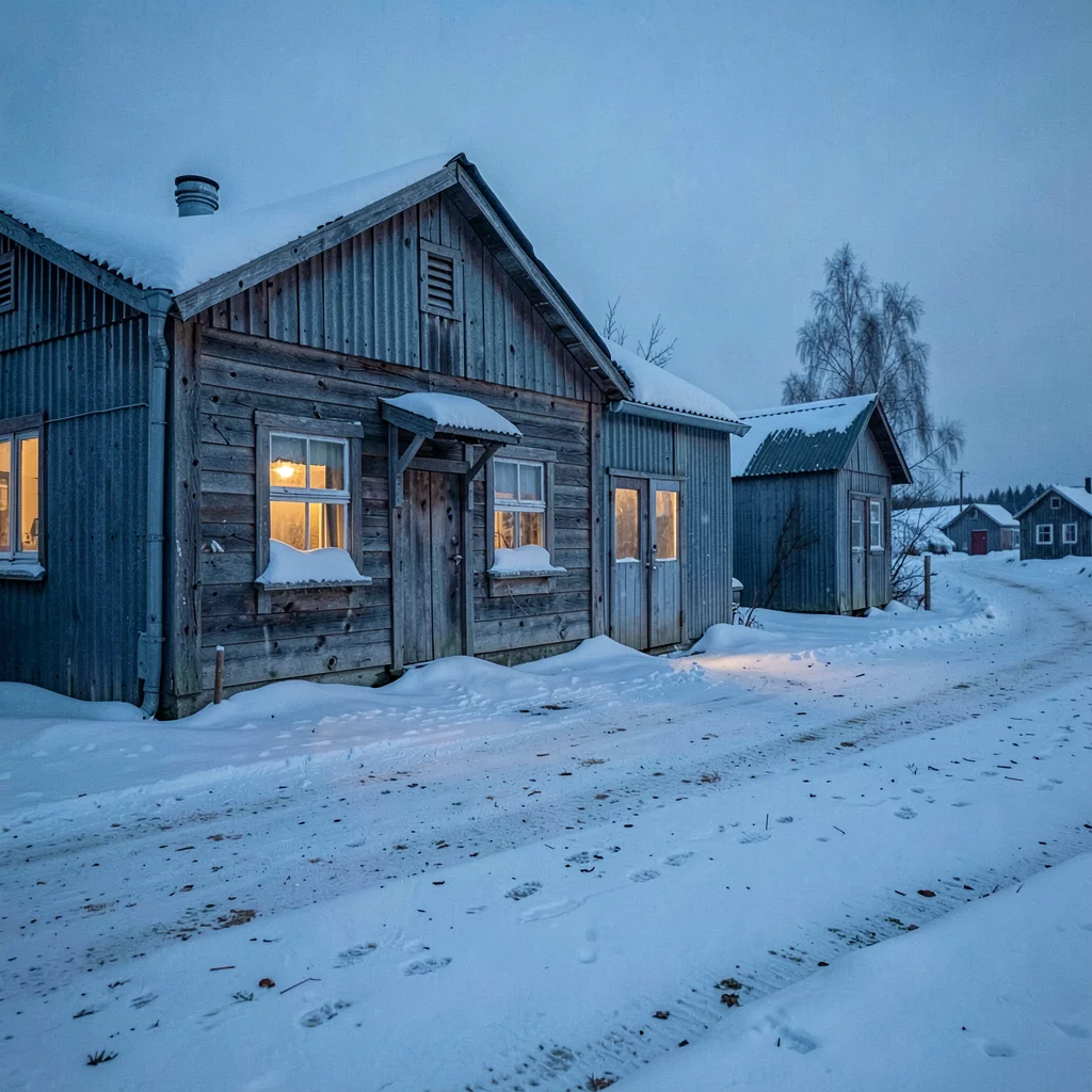 Photograph with Alaskan Arctic sensibility, Weathered wooden building in a small