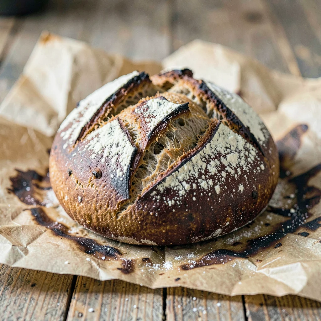 fresh-baked sourdough boule resting on scorched paper, the dark crust split open