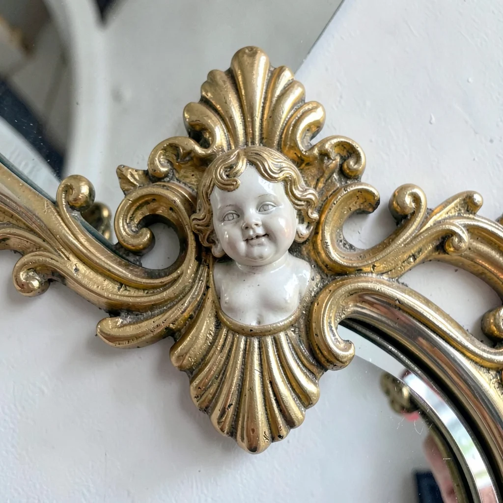 Baroque ornament fragment, Moravian gilt detail, Mirror frame crest with shell m