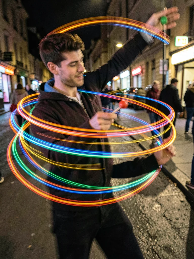 Street performer's juggling pins becoming looping trails of color