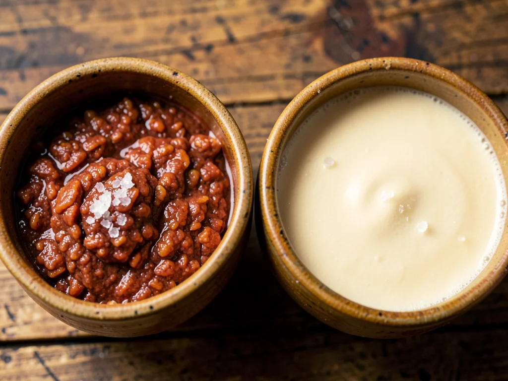 Red and White Miso in Ceramic Kame — Overhead Contrast