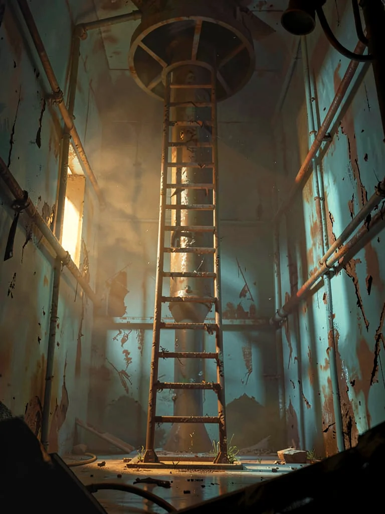 Decayed nuclear silo interior with a single overhead shaft on rusted ladder, war