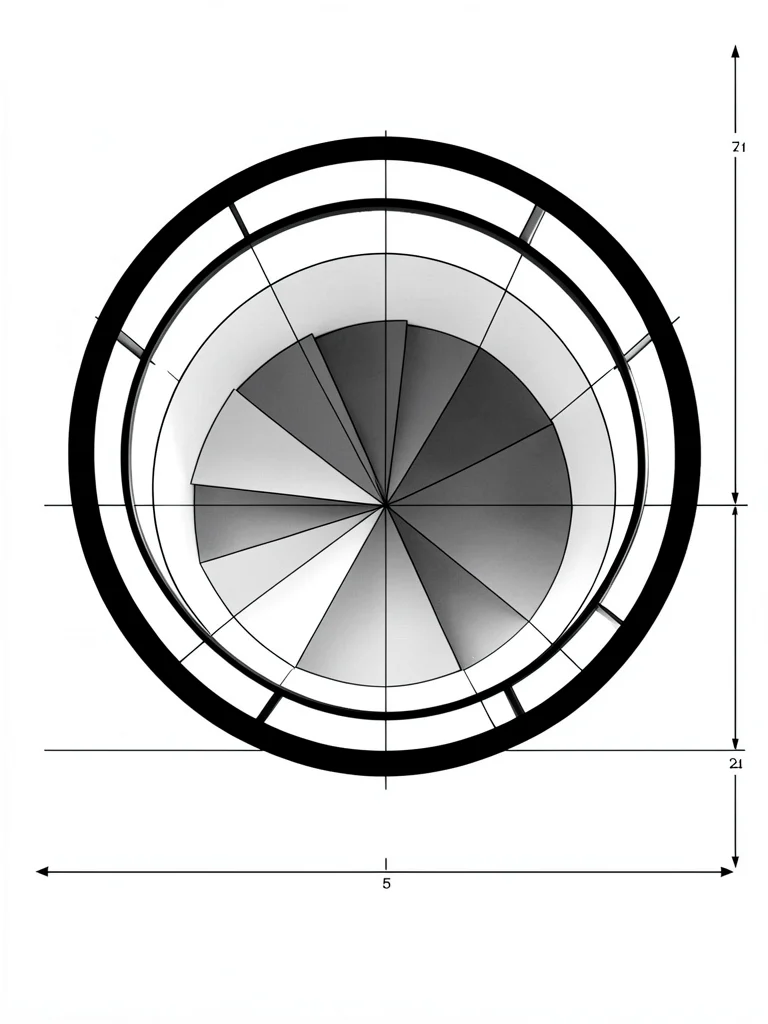 Spiral staircase from below — circular rail, triangular wedge steps