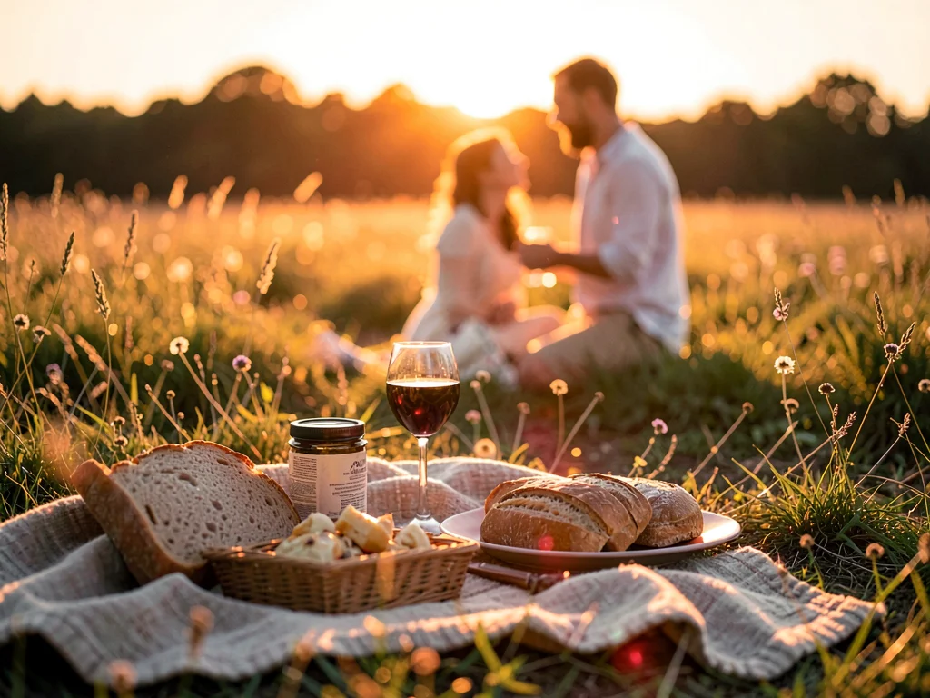 Blanket in meadow with wine and bread, everything drenched in golden hour, two f
