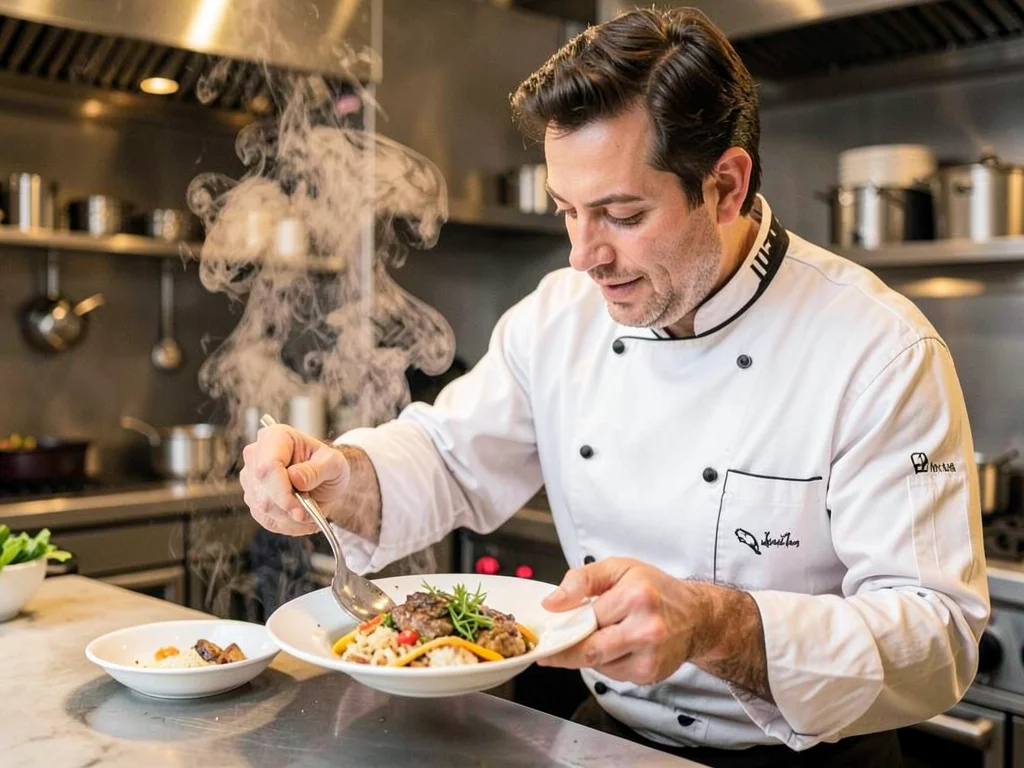 Chef plating dish with steam rising