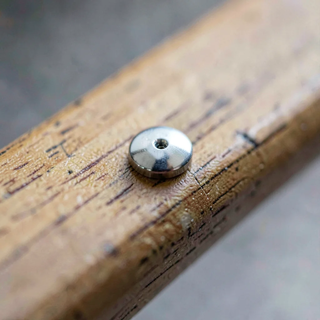 Macro 2:3 of a single rivet pin polished flush against a wooden handle