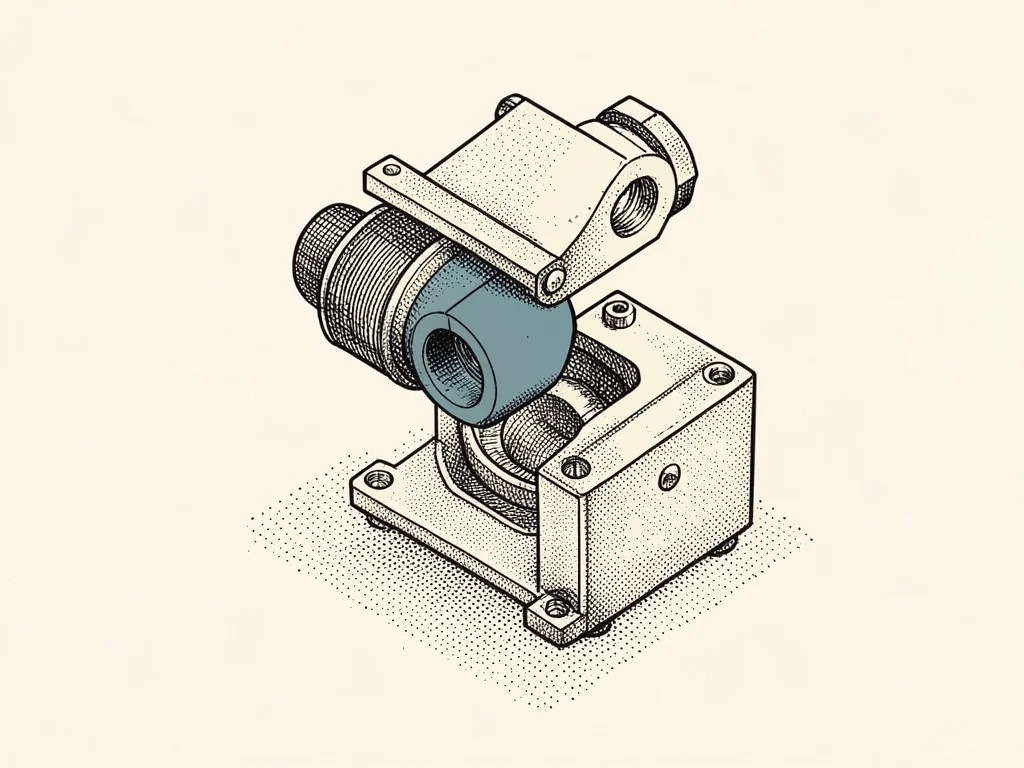 An exploded isometric drawing of a small machine floats apart with a slate-blue 