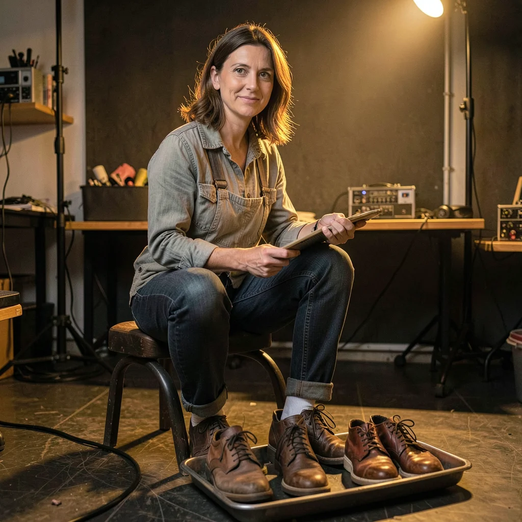 Portrait of a foley artist with a tray of shoes at her feet, warm tungsten