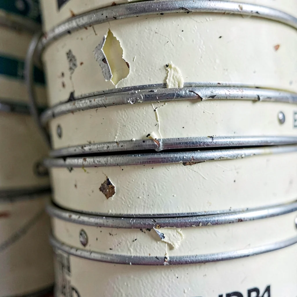 Vertical detail of a stack of dented film cans with peeling cream paint