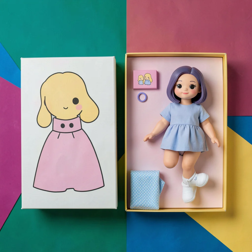 Catalog flat of a starter doll bundle, items unboxed in a neat tonal arrangement