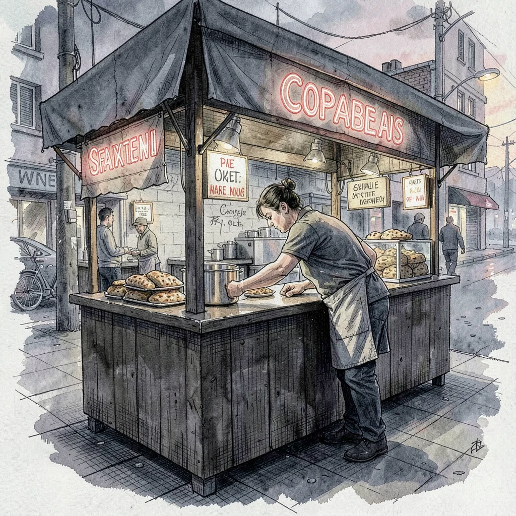 Crosshatched study of a falafel stand at twilight, a vendor leaning over the cou