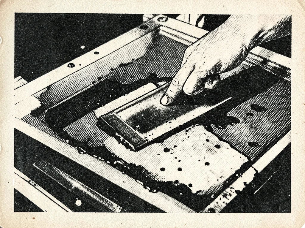 Hands pulling a squeegee across a silkscreen, ink flooding the mesh
