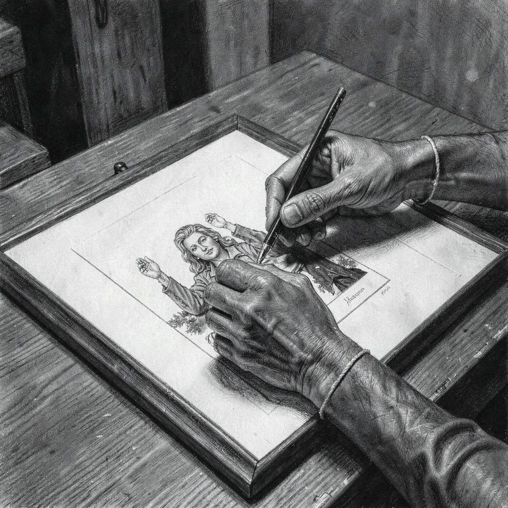 Charcoal portrait of hands aligning a print into an opened mat with thin gloves
