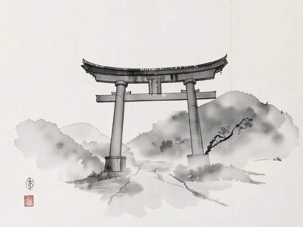 Torii gate emerging from fog suggestion