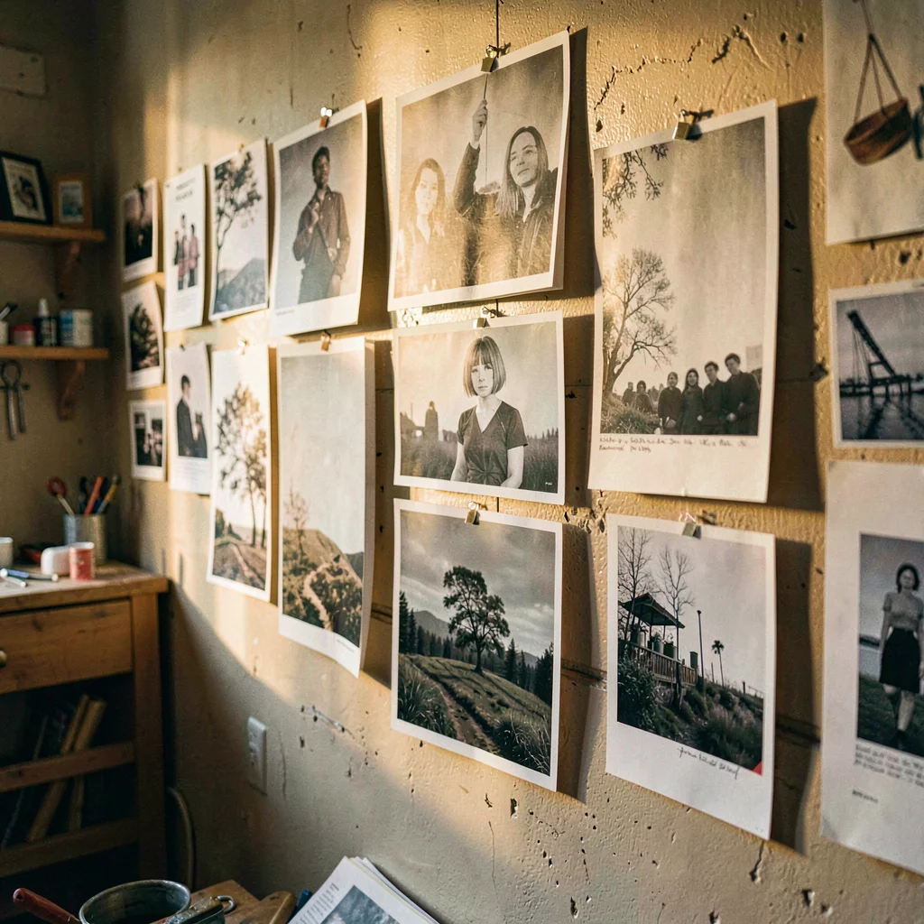 Vertical atmospheric shot of a workshop wall pinned with zine prototypes, late-a