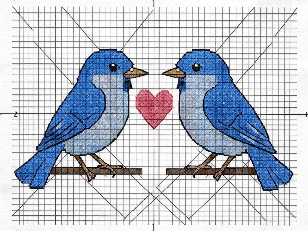 Cross-stitch bluebirds with hearts