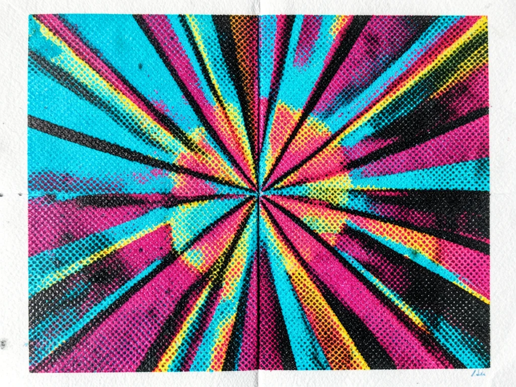 Deliberate moiré from wrong halftone screen angles, interference pattern radiati
