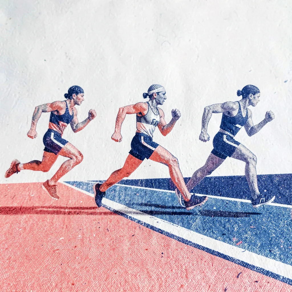Two-color riso motif of three triathletes in stride linked across the page over 