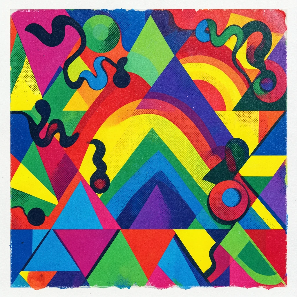 Rainbow geometric shapes arranged in Memphis design, squiggles and triangles