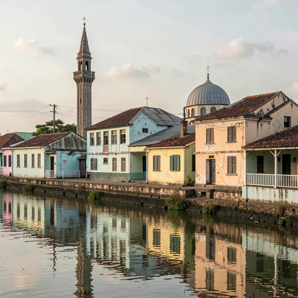 Soft morning light on faded colonial pastels, Saint-Louis Senegal, Mosque minare